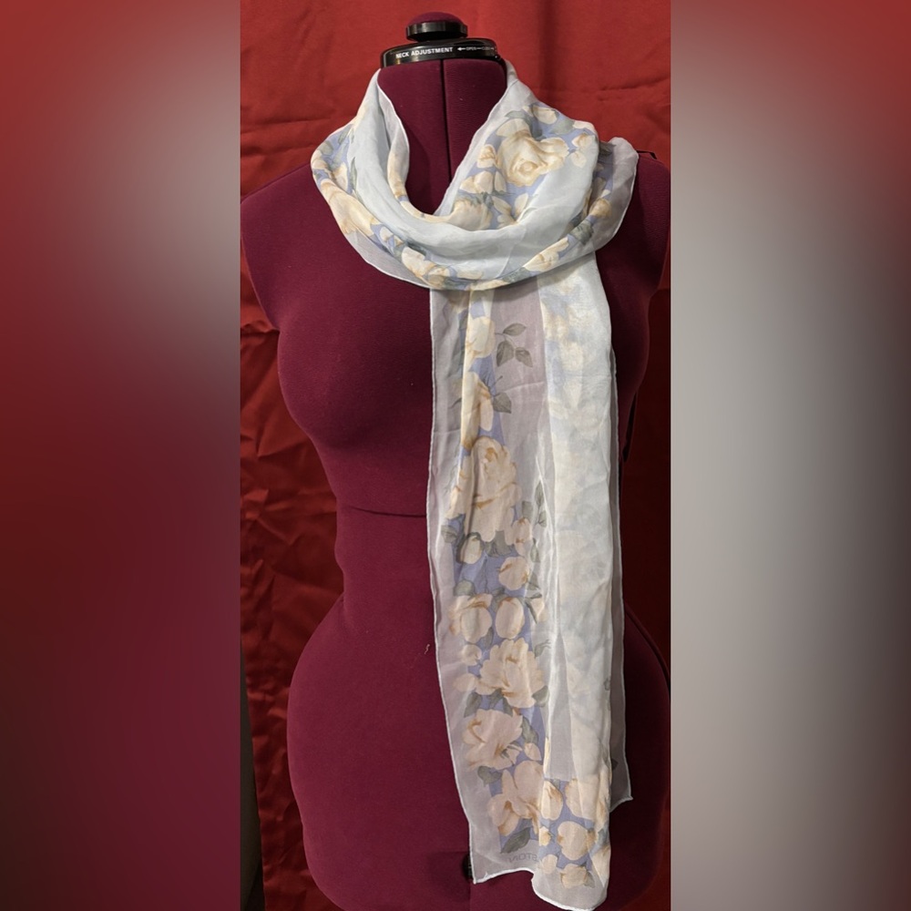 Vintage 90’s Y2K 100% Silk Chiffon Halston Scarf Blue Floral